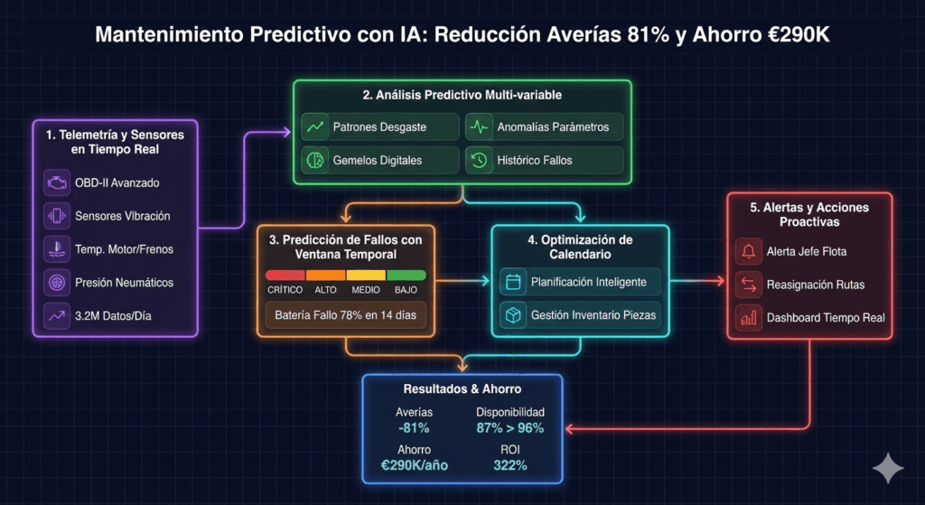 Diagrama workflow de mantenimiento predictivo: telemetría en tiempo real, análisis de patrones de desgaste, predicción de fallos y optimización de calendario de mantenimiento
