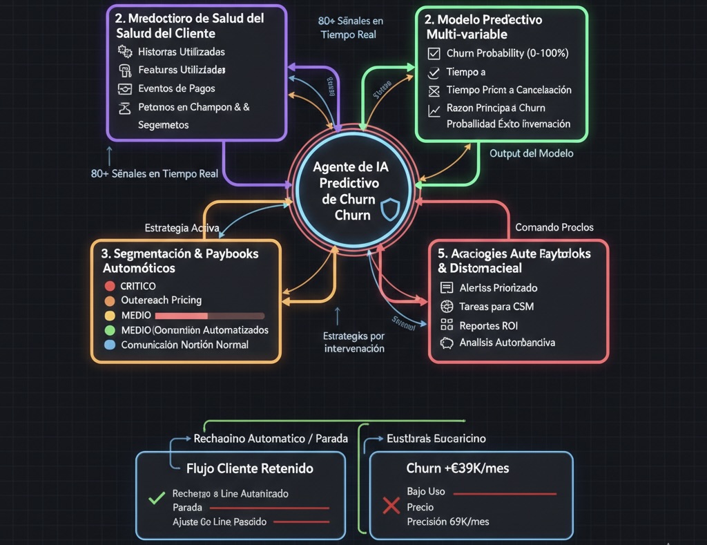 Workflow agente IA customer success: monitoreo de engagement, scoring predictivo de churn, playbooks automatizados de retención y alertas proactivas
