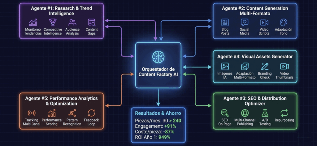 Diagrama n8n de supply chain end-to-end con 6 agentes IA coordinados: demand forecasting, procurement, warehouse management, route optimization, quality control y continuous optimization